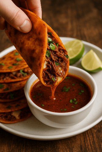 birria tacos consome