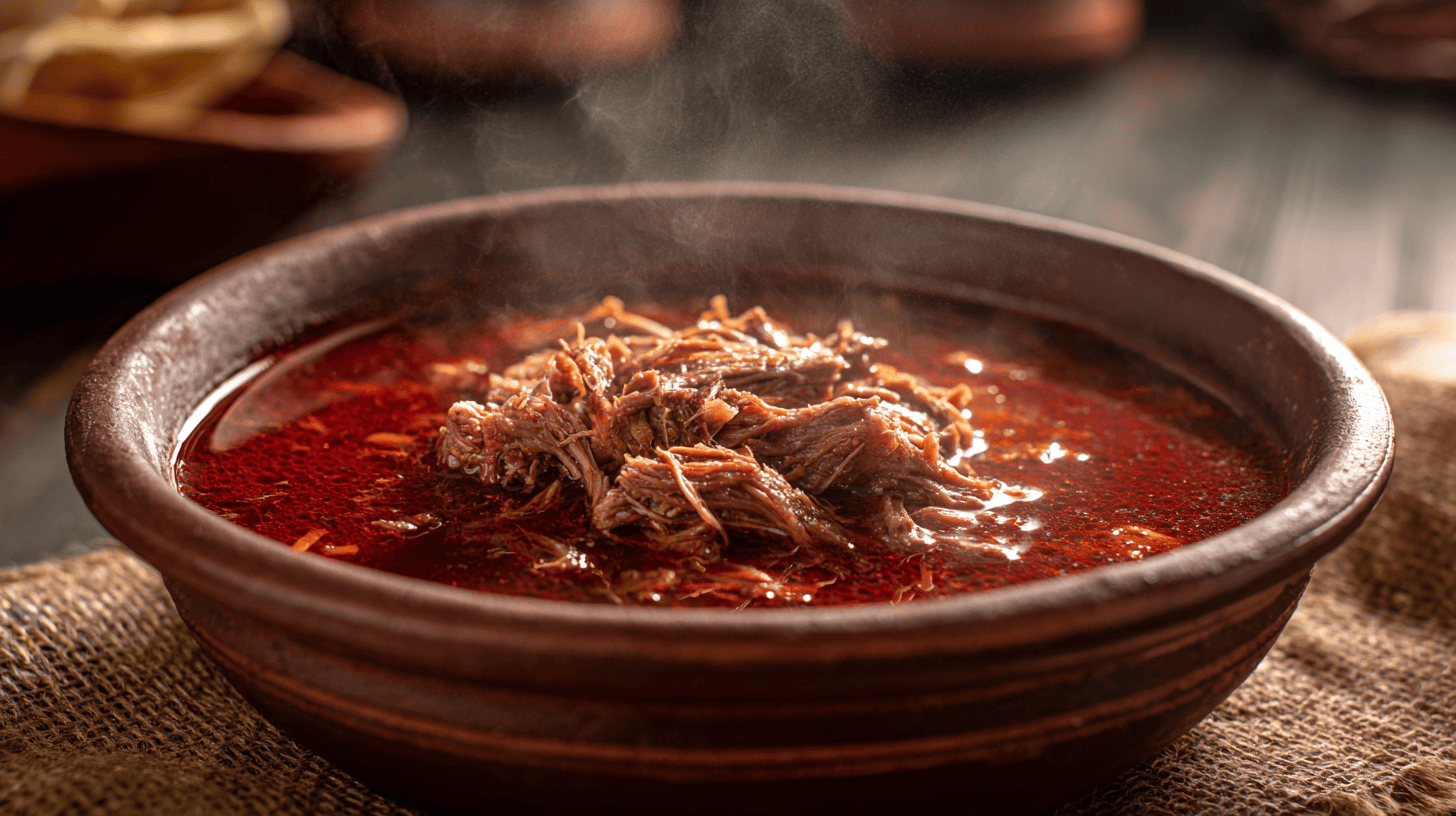 Steaming bowl of birria with noodles on a wooden table